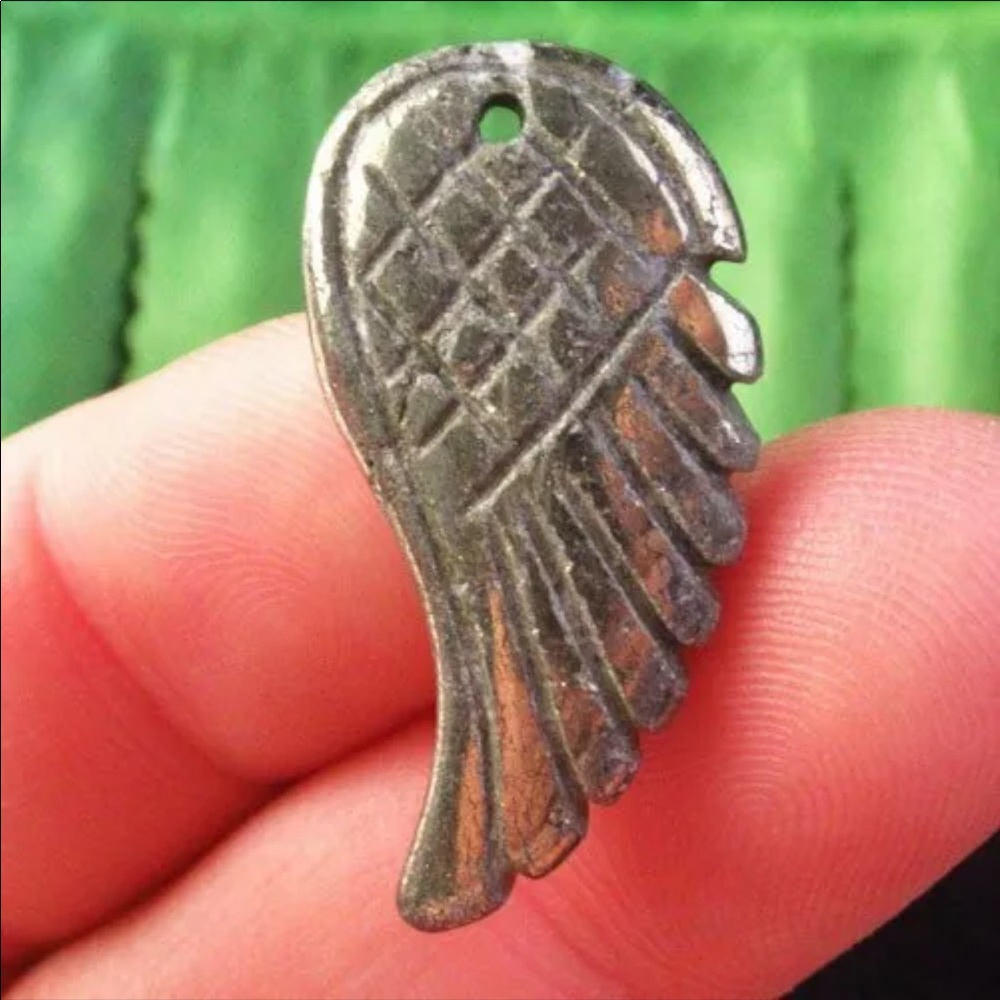 COPY - Carved Natural Pyrite Wing Pendant leather…